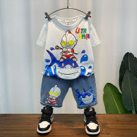 Ultraman Boys Summer Suit 2023 New Childrens Summer Clothing Fashion Baby Handsome Fried Street Short Sleeve Clothes Fashion