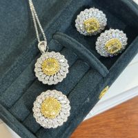 【lz】✴☽  Conjunto de jóias zircão amarelo para fêmea anelar de dedo de cristal brinco e colar promise de casal prata 925 moda elegante novo 2023