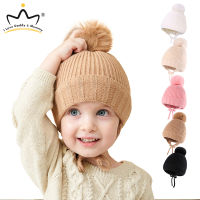 ฤดูหนาว Pom Pom เด็กหมวกผ้าฝ้ายนุ่มสีทึบถักหมวกเด็กสาว Beanies เด็กวัยหัดเดินหมวก1-3ปี