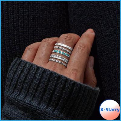 X-STARRY 2pcs สเตอร์ลิงเงิน แหวนฉลุลาย โบฮีเมียน สไตล์ชนเผ่า แหวนแกะสลัก อุปกรณ์เครื่องประดับอัญมณี เป็นรูกลวง แหวนเทอร์ควอยซ์ สำหรับผู้หญิง