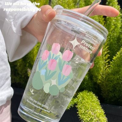 【CW】✣  Korean cup with lid glass portable water straw cold drink milk juice tumbler girl coffee gifts