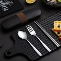 Japanese Stainless Steel Chopsticks Soup Spoon Fruit Noodle Dessert Fork Set with Portable Cute Cutlery Box Travel Tableware Flatware Sets