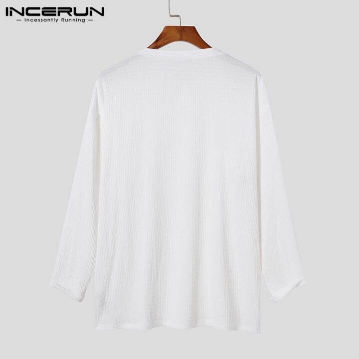 incerun-เสื้อท็อปคอวีแขนยาวสีพื้นสไตล์เกาหลีสําหรับผู้ชาย