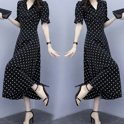 Summer Slim V-neck A-line Dress Simple Dot Flare Sleeves Middle Long Causal Dress