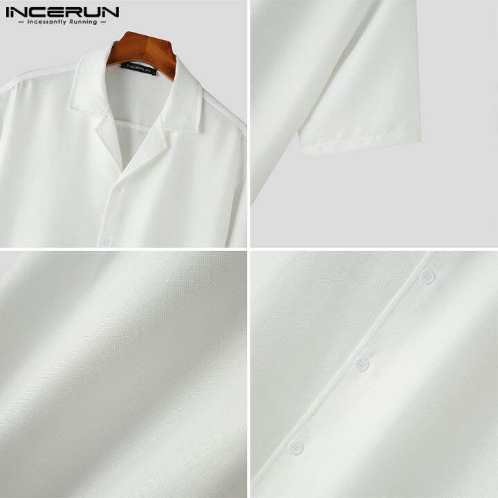 incerun-เสื้อผู้ชายแขนสั้นมีกระดุมแบบเรียบ-เสื้อคอปกลำลอง-สไตล์เกาหลี