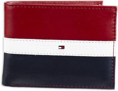 Tommy Hilfiger Mens Leather Wallet – Slim Bifold with 6 Credit Card Pockets and Removable Id Window One Size Red/Navy