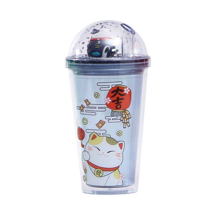 water-cup-plastic-coffee-drinking-cup-double-summer-ice-cup-cartoon-plastic-creative-lucky-cat-juice-refrigerated-straw-cup