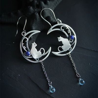 Dainty Long Chain Earrings Vintage Silver Color Cute Cat Crescent Lapis Lazuli Earrings Hypoallergenic Jewelry Gift for Women