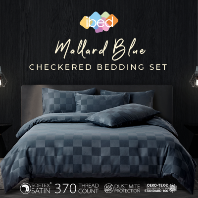 ibed ชุดผ้าปูที่นอนครบเซ็ท Softex Satin (ลายตาราง) Mallard Blue 3.5 ฟุต,5 ฟุต,6 ฟุต - CHECKERED COLLECTION