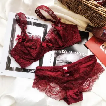 Women Red Bra And Panties Set Thin Cotton Lingerie Embroidery Lace
