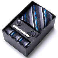 Luxurious 7.5 cm 100 Silk Tie Hanky Pocket Squares Cufflink Set Tie Clip Necktie Box hombre Khaki Geometric Gift for Boyfriend