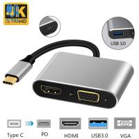 ELEONE HDMI + VGA + USB + Pd อะแดปเตอร์4 In 1ตัวแปลงเสียง Type C เป็น HDMI/VGA/USB/USB-C ฮับ