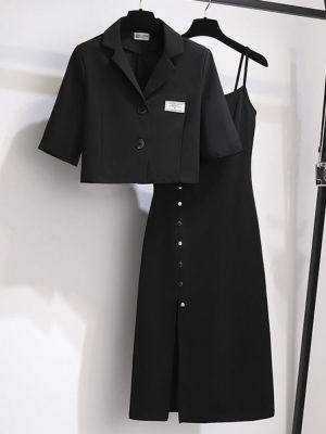 High Street Blazer Skirt Sets Women 2022SS Large Size Office Lady Elegant Short Suit Jacket Split Suspender Dress 2pcs Sets