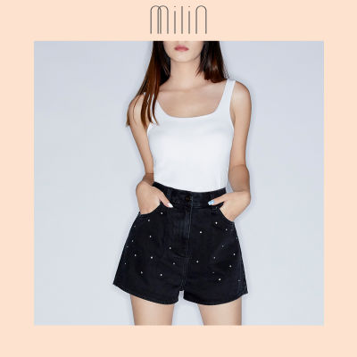 [MILIN] High waisted denim  shorts with crystal embellishments กางเกงยีนส์ทรงเอจับจีบแต่งคริสตัล Pumpkin Shorts / SOFT BLACK