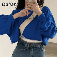 Du YAN เสื้อครอปสตรีแบบหลวม,เสื้อครอปคอกลมสตรีเกาหลีใต้เสื้อฮู้ดแบบสั้นแฟชั่นของผู้หญิงสีทึบ