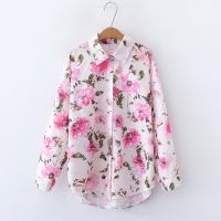 European and American style womens new flower print loose lapel long-sleeved fashion shirt