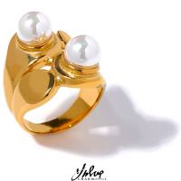 【YF】 Yhpup New Unique Design Shell Pearl Geometric Stainless Steel Golden Cast Ring for Women Charm Personalized Texture Jewelry Gift