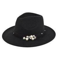 Female Four Seasons Fedoras Hats Flat Brim Jazz Caps Woolen 56-58Cm Decorative Pearl Flowers Elegant Lady LM0110