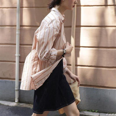 [COD]Red label สไตล์ญี่ปุ่น stylem บริษัทนำเข้าย้อมเส้นด้ายสีเขียวฝรั่งเศสลายทางหลวมเสื้อเชิ้ตผู้หญิงแขนยาวสีชมพู