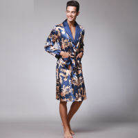 Coffee And Navy Blue Men Silk Robes 2016 Male Senior Satin Sleepwear Summer Long Paisley Pattern Robe Set Long Sleeves Nightgown