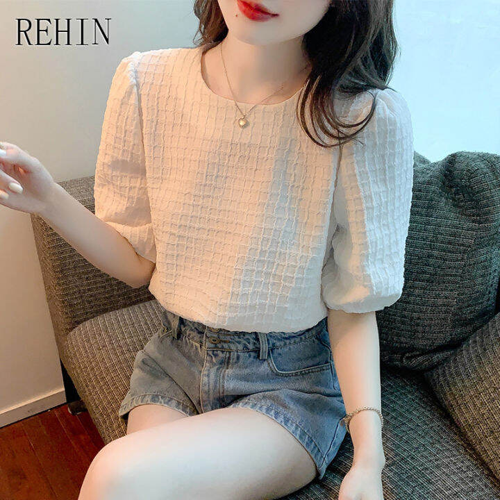 rehin-เสื้อเชิ้ตแขนพองสำหรับผู้หญิง-เสื้อคอกลมแขนสั้นเสื้อเบลาส์ทรงหลวมสไตล์วินเทจ