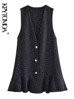 KPYTOMOA Women Chic Fashion With Rhinestone Ruffled Tiered Mini Dress Vintage V Neck Sleeveless Female Dresses Vestidos Mujer