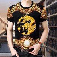 ⊙✵ 3D printed golden dragon short-sleeved t-shirt for men trendy tops loose and versatile ins summer tops large size