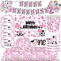 ❐卍✉ Pink Cow Disposable Party Tableware Birthday Party Decor Cow Print Table Cover Balloon Cow Farm Kid Baby Shower Party Supplies