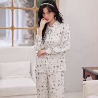 【jw】♤♛  Lapel Collar Cartoon Printed Sleeve Shirt Pants Loose Soft Sleepwear Nightwear Homewear