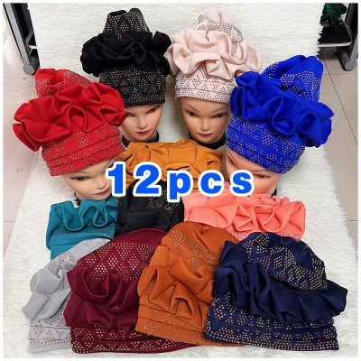 【YF】 Wholesale Set Of Fashionable Muslim Women Headscarf Space Layer Fabric Applique Headwear Solid Indian Bean Hair Hat Lady