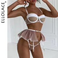 Ellolace ชุดชั้นในเซ็กซี่ตาข่าย Patchwork ชุดแฟนซี Ruffle Garters ที่ละเอียดอ่อน Luxury Brief ดูผ่าน Sensual เร้าอารมณ์ชุด