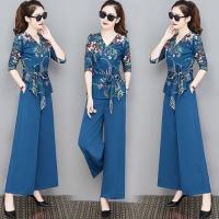 COD DSFGERRTYTRRE Office Ladies Suit Korean Fashion Women Set Wear Short Sleeve Top Wide Legs Long Pant Suit Pakaian Wanita Fashion Clothing Ladies 2Pcs/Set Casual Set plus size