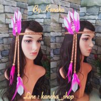 ที่คาดผมขนนกโบฮีเมี่ยนโทนสีชมพู ที่คาดผมชนเผ่า โบฮีเมี่ยนสไตล์ By Kancha Handmade