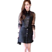 P006-026 PIMNADACLOSET - Long Sleeve Feminine Embroidery Mesh Tweed  Mini Dress