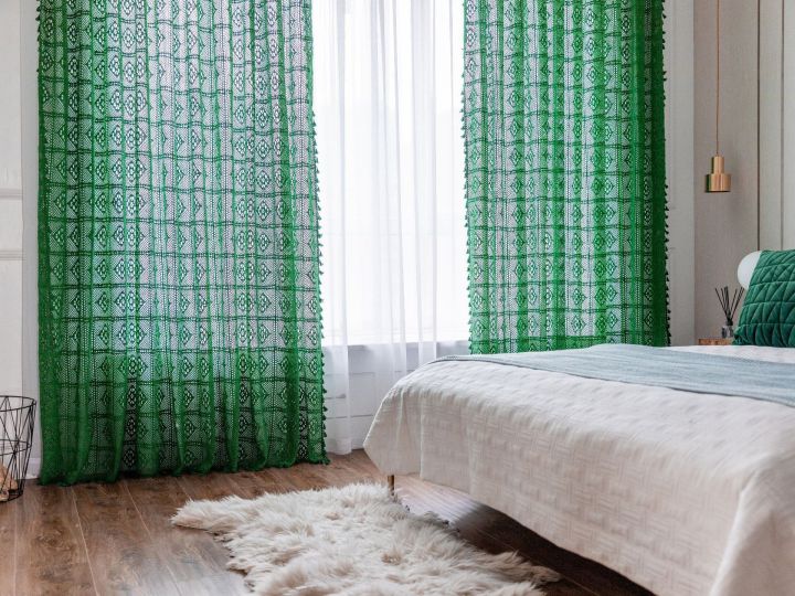 ผ้าม่านและผ้าม่านแบบโพรงกลวงแฮนด์เมดสีเขียวสำหรับห้องนอนห้องนั่งเล่นระเบียงสไตล์สดใสขายดี