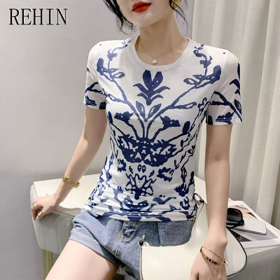REHIN เสื้อยืดพิมพ์ลายคอกลมลายดอกไม้ผ้าตาข่ายสำหรับผู้หญิง,เสื้อยืดแขนสั้นแฟชั่นสลิมฟิตเสื้อยอดนิยมฤดูร้อน