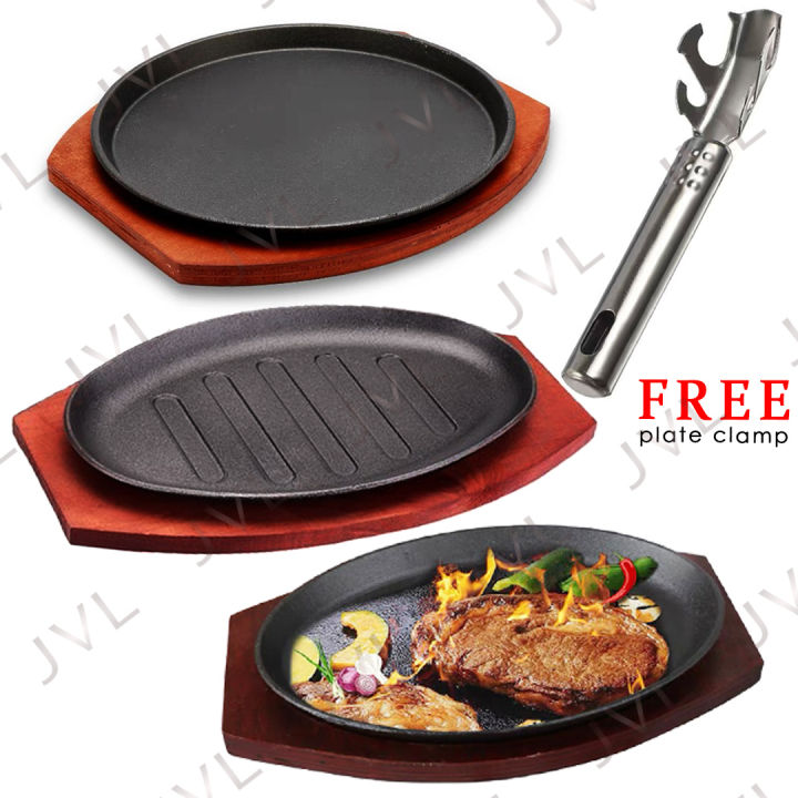 Roundoval Sizzling Plate Sisig Plate Cast Iron Sizzling Plate With Wood Base Steak Grill Plate 2104