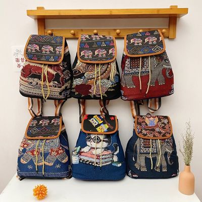Retro Embroidered Knitted Backpack Cloth Bag Bucket Female School Chinese Style Ethnic Fabric