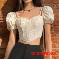 Ort- เสื้อครอปท็อป แขนสั้น คอพัฟ ผูกเชือก แบบสวมหัว ทรงไม่สมมาตร สําหรับผู้หญิง