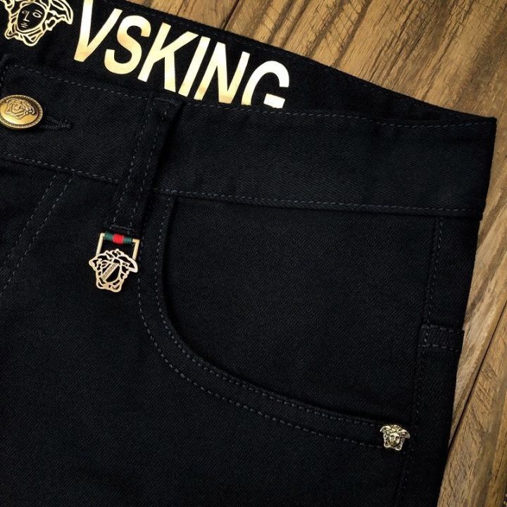 versaceisha-กางเกงยีนส์สีดำฤดูร้อนของผู้ชาย-กางเกงขายาวบางเฉียบนุ่มแนะสวมสบายอินเทรนด์หรูหรายีห้อน้ำหนักเบาสลิมฟิต