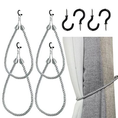 Curtain Tiebacks Rope Curtain Tiebacks Ropes Metal Holders Cord for Thin or Thick Window Drapes 4 Pack Curtain Holdbacks with 4 Metal Screw Hooks Silver