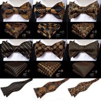 Self Tie Bow Tie Handkerchief Cufflinks Set Fashion Black Gold Men 39;s Silk Butterfly Bowknot Formal Wedding Party Cravat DiBanGu