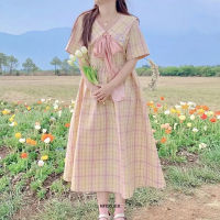 Big Size 6XL 150KG Summer Plaid Dress Bow Neck Women Preppy Dress Short Sleeve Vintage Sweet Large Loose Vestidos