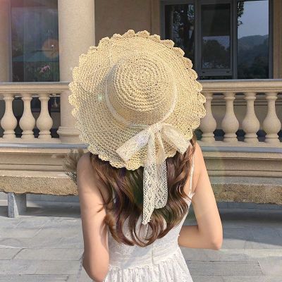 Handmade Fan Hat Hollow Straw Hat Bowknot Straw Hat Foldable Beach Hat Large Brim Multifunctional Sunshade Hat