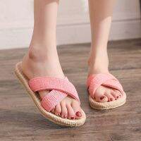 HOT★2022เทียม Espadrille รองเท้าแตะผู้หญิง Candy สี Cross ผ้า Flip Flops สวมใส่ด้านนอกแบนรองเท้าแตะผู้หญิง