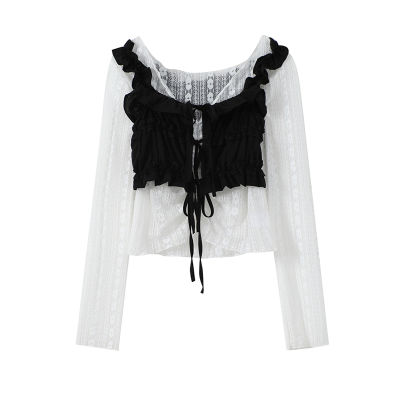 Summer Sexy Womens Blouse White Hollow Out Mesh Black Ruffle Lace Up Draped Vest 2021 Summer Vintage Casual Korean Shirt Female