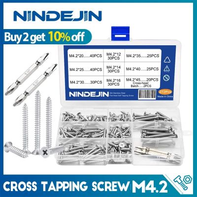 NINDEJIN ชุดสกรูเกลียวปิดหัวแบนของฟิลิปส์272,ชุดสกรูแบบแฉกสเตนเลส M4.2ชิ้น