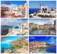 ✁ Grunge Greece Architecture Seaside Sky Blossom Baby Portrait Scenic Photo Backdrop Photo Backgrounds Photophone For Photozone