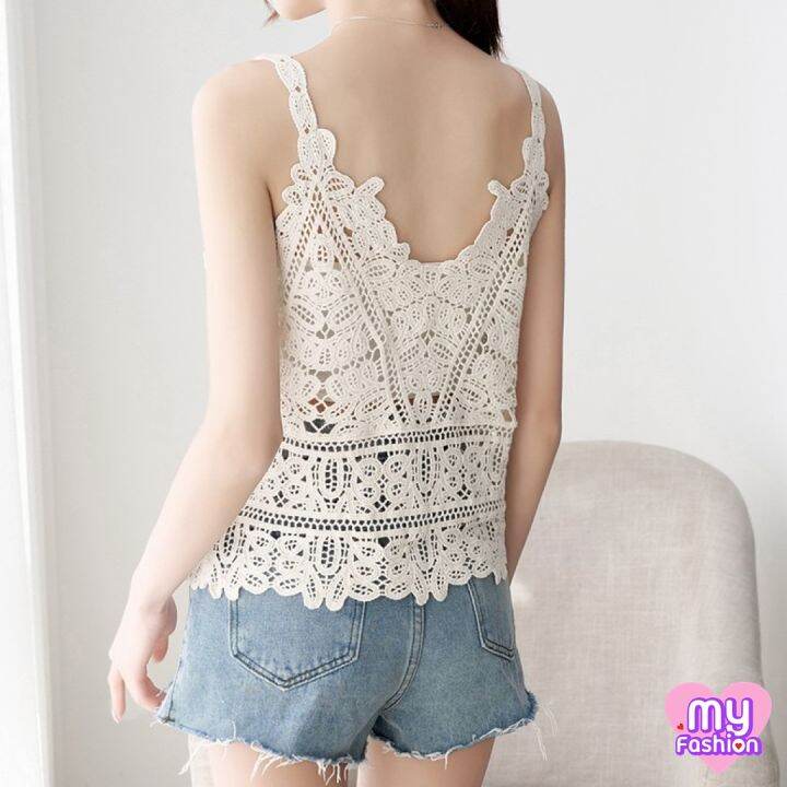 myf-มาใหม่-เสื้อแฟชั่นสายเดี่ยวฉลุลูกไม้-6-สี-ไม่มีซับใน