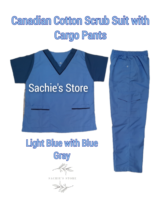 Light Blue with Blue Gray Canadian Scrub Suit Set with Cargo Pants